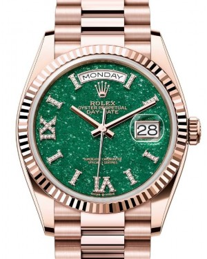 Rolex Day-Date 36-128235 (Everose Gold President Bracelet, VI IX Gold Diamond-set Green Aventurine Dial, Fluted Bezel)