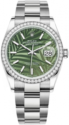 Rolex Datejust 36-126284RBR (Oystersteel Oyster Bracelet, Olive-green Palm Index Dial, Diamond Bezel)