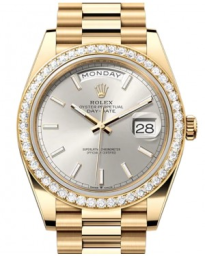 Rolex Day-Date 40-228348RBR (Yellow Gold President Bracelet, Silver Index Dial, Diamond Bezel) (m228348rbr-0042)