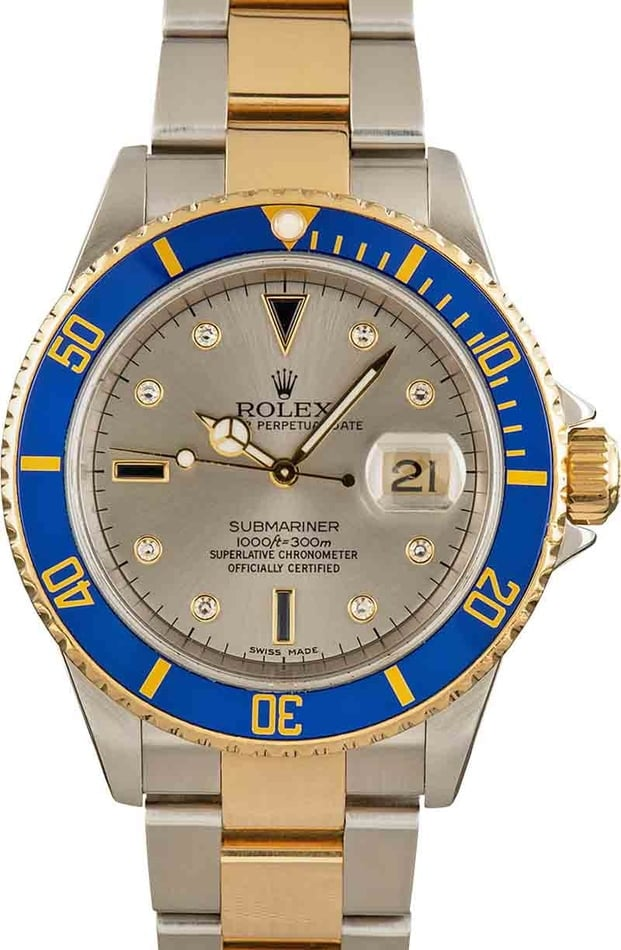 Rolex Submariner 40-16613 (Yellow Rolesor Oyster Bracelet, Slate Serti Diver Dial, Blue Aluminum Bezel)