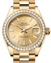 Rolex Lady-Datejust 28-279138RBR (Yellow Gold President Bracelet, Champagne Index Dial, Diamond Bezel) (m279138rbr-0014)