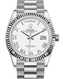 Rolex Day-Date 36-128239 (White Gold President Bracelet, White Roman Dial, Fluted Bezel) (m128239-0038)