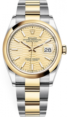 Rolex Datejust 36-126203 (Yellow Rolesor Oyster Bracelet, Golden Fluted Index Dial, Domed Bezel)