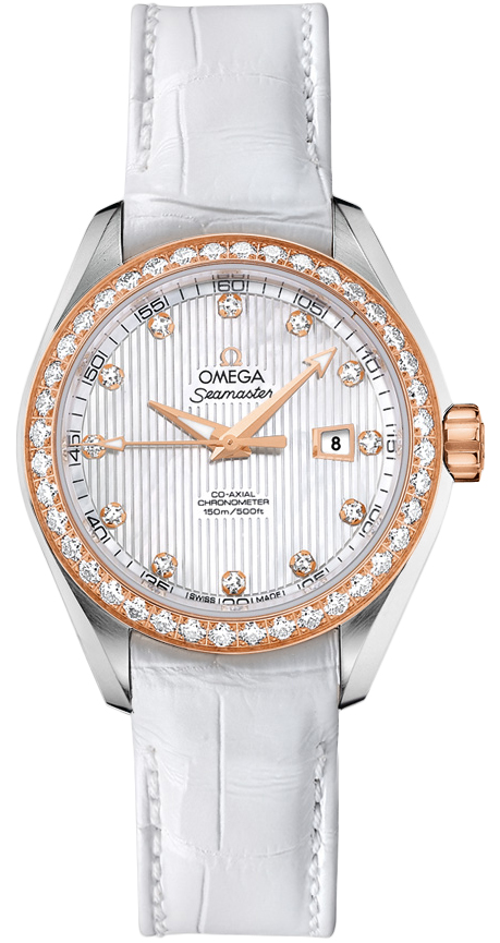 Omega Seamaster Aqua Terra 150M 34-231.28.34.20.55.002 (White Alligator Leather Strap, Vertical-teak White MOP Diamond Index Dial, Red Gold Diamond-set Bezel)