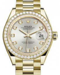 Rolex Lady-Datejust 28-279138RBR (Yellow Gold President Bracelet, Gold Diamond-set Silver Dial, Diamond Bezel) (m279138rbr-0019)