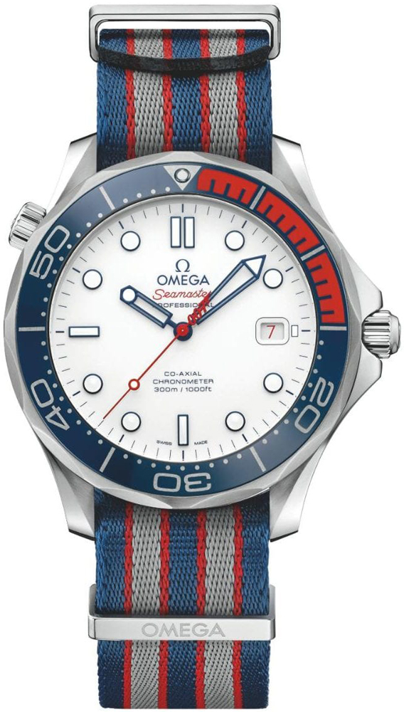 Omega Seamaster Diver 300M 41-212.32.41.20.04.001 (Blue/Red/Grey NATO Strap, White Dot Index Dial, Rotating Blue Ceramic Bezel)
