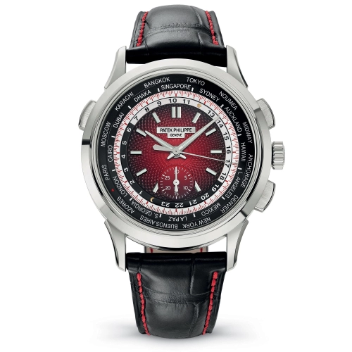 Patek Philippe Complications 39.5-5930G-011 (Shiny-black Alligator Leather Strap, Singapore Hand-guilloched Red Index Dial, White Gold Smooth Bezel)