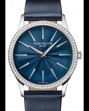 Patek Philippe Calatrava 35-4997/200G-001 (Shiny Navy-blue Brushed Calfskin Strap, Guilloched &amp; Lacquered Midnight-blue Index Dial, Diamond Bezel)