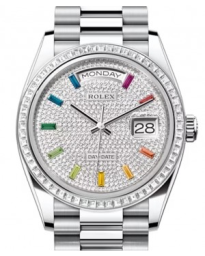 Rolex Day-Date 36-128396TBR (Platinum President Bracelet, Rainbow-colored Sapphires Diamond-paved Dial, Diamond Bezel) (m128396tbr-0006)