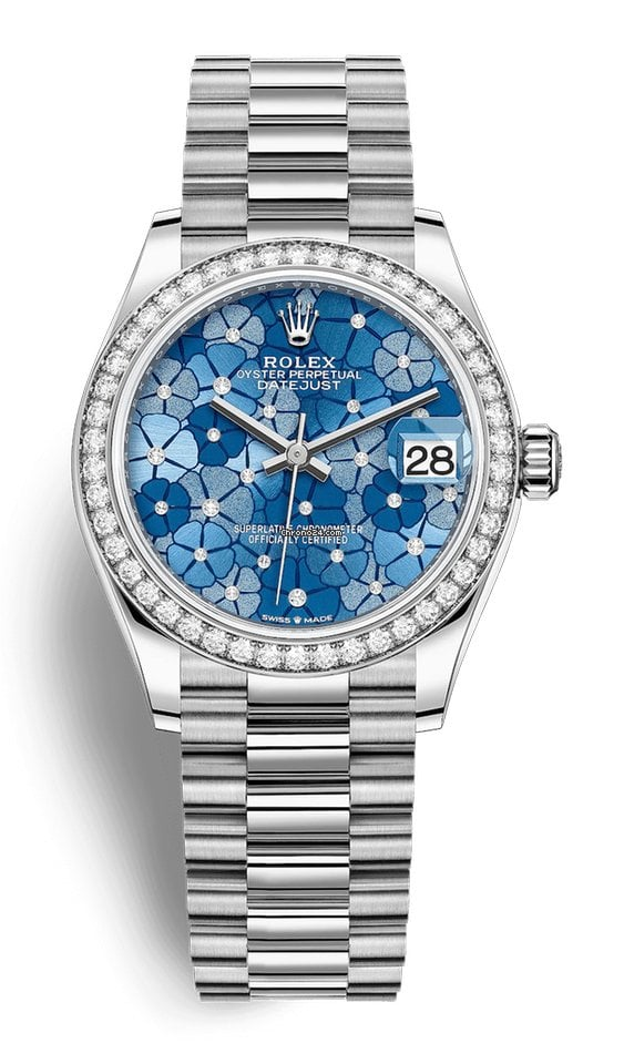 Rolex Datejust 31-278289RBR (White Gold President Bracelet, Gold Diamond-set Azzurro-blue Floral Dial, Diamond Bezel)