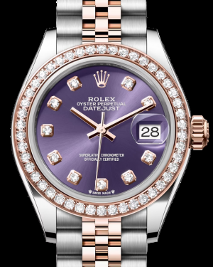 Rolex Lady-Datejust 28-279381RBR (Everose Rolesor Jubilee Bracelet, Gold Diamond-set Aubergine Dial, Diamond Bezel)