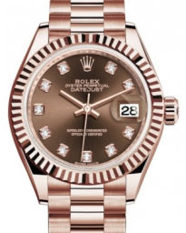 Rolex Lady-Datejust 28-279175 (Everose Gold President Bracelet, Gold Diamond-set Chocolate Dial, Fluted Bezel) (m279175-0016)