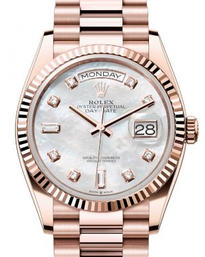 Rolex Day-Date 36-128235 (Everose Gold President Bracelet, Gold Diamond-set White MOP Dial, Fluted Bezel)