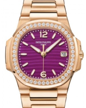 Patek Philippe Nautilus 32-7010/1R-013 (Rose Gold Bracelet, Lacqured-purple Wave-motif Arabic/Index Dial, Diamond Bezel)