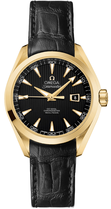 Omega Seamaster Aqua Terra 150M 34-231.53.34.20.01.001 (Black Alligator Leather Strap, Vertical-teak Black Index Dial, Yellow Gold Bezel)