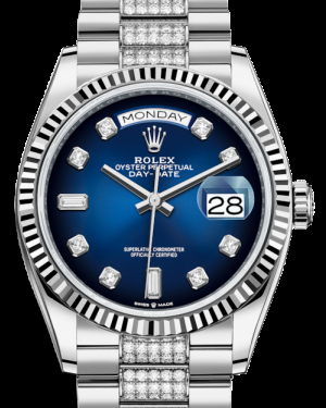 Rolex Day-Date 36-128239 (White Gold Diamond-set President Bracelet, Gold Diamond-set Blue Ombré Dial, Fluted Bezel)