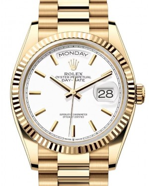 Rolex Day-Date 36-128238 (Yellow Gold President Bracelet, White Index Dial, Fluted Bezel)