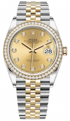 Rolex Datejust 36-126283RBR (Yellow Rolesor Jubilee Bracelet, Gold Diamond-set Champagne Dial, Diamond Bezel)