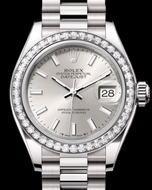 Rolex Lady-Datejust 28-279139RBR (White Gold President Bracelet, Silver Index Dial, Diamond Bezel)