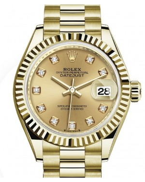 Rolex Lady-Datejust 28-279178 (Yellow Gold President Bracelet, Gold Diamond-set Champagne Dial, Fluted Bezel)