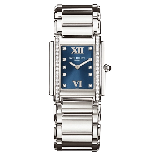 Patek Philippe Twenty~4 25.1x30-4910/10A-012 (Stainless Steel Bracelet, Diamond-set Blue Sunburst Roman Dial, Diamond Bezel)