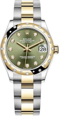 Rolex Datejust 31-278343RBR (Yellow Rolesor Oyster Bracelet, Gold Diamond-set Olive-green Dial, Domed Diamond Bezel)