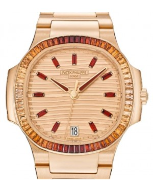 Patek Philippe Nautilus 35.2-7118/1300R-001 (Rose Gold Bracelet, Spessartite-set Rose-glit Wave-motif Index Dial, Baguette-cut Champagne-cognac Spessartite Bezel)