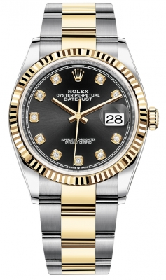 Rolex Datejust 36-126233 (Yellow Rolesor Oyster Bracelet, Gold Diamond-set Bright-black Dial, Fluted Bezel)
