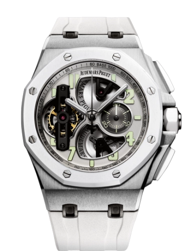 Audemars Piguet Royal Oak Offshore 44-26387IO.OO.D010CA.01 (White Rubber Strap, Transparent Sapphire Silver Arabic Dial, White Ceramic Smooth Bezel)