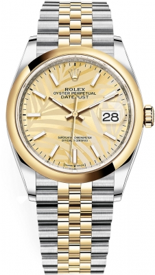 Rolex Datejust 36-126203 (Yellow Rolesor Jubilee Bracelet, Golden Palm Index Dial, Domed Bezel)