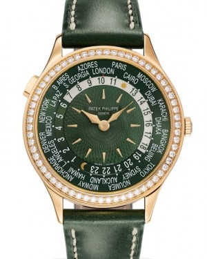 Patek Philippe Complications 36-7130R-014 (Shiny Olive-green Calfskin Strap, Hand-guilloched Olive-green Weave Index Dial, Diamond Bezel)