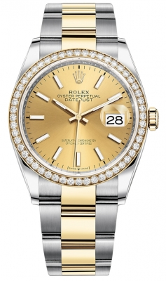 Rolex Datejust 36-126283RBR (Yellow Rolesor Oyster Bracelet, Champagne Index Dial, Diamond Bezel)