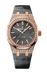 Audemars Piguet Royal Oak 37-15452OR.ZZ.D003CR.01 (Grey Alligator Leather Strap, Grande Tapisserie Grey Index Dial, Pink Gold Diamond-set Bezel) (15452OR.ZZ.D003CR.01)