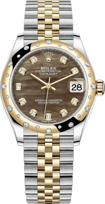 Rolex Datejust 31-278343RBR (Yellow Rolesor Jubilee Bracelet, Gold Diamond-set Black MOP Dial, Domed Diamond Bezel)