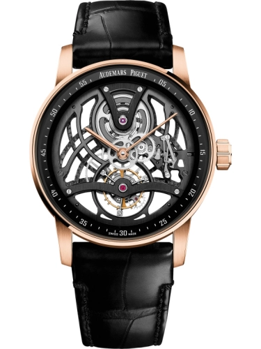 Audemars Piguet Code 11.59 41-26600OR.OO.D002CR.01 (Black Alligator Leather Strap, Lacquered-black Openworked Dial, Pink Gold Smooth Bezel)