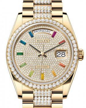 Rolex Day-Date 36-128348RBR (Yellow Gold Diamond-set President Bracelet, Diamond-paved Rainbow-colored Sapphire-set Index Dial, Diamond Bezel)
