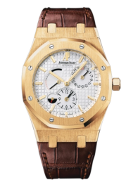 Audemars Piguet Royal Oak 39-26120BA.OO.D088CR.01 (Brown Alligator Leather Strap, Grande Tapisserie Silver-toned Index Dial, Yellow Gold Smooth Bezel) (26120BA.OO.D088CR.01)