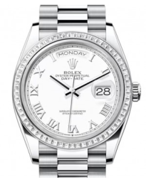 Rolex Day-Date 36-128396TBR (Platinum President Bracelet, White Roman Dial, Diamond Bezel) (m128396tbr-0010)