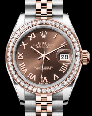 Rolex Lady-Datejust 28-279381RBR (Everose Rolesor Jubilee Bracelet, Chocolate Roman Dial, Diamond Bezel)