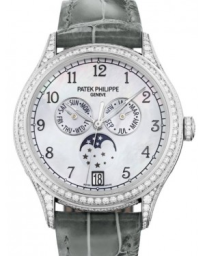 Patek Philippe Complications 38-4948G-010 (Shiny Pale-gray Alligator Leather Strap, White Balinese MOP Arabic Dial, Diamond Bezel) (4948G-10)