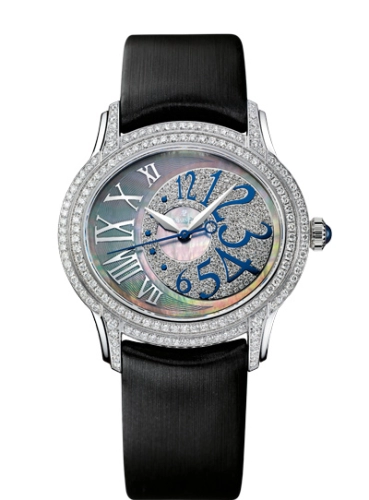 Audemars Piguet Millenary 39.5-77303BC.ZZ.D007SU.01 (Black Technological-silk Strap, Off-centred Diamond-paved Arabic Disc/Black MOP Roman Dial, Brilliant-cut Diamond-set Bezel)