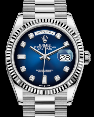 Rolex Day-Date 36-128239 (White Gold President Bracelet, Gold Diamond-set Blue Ombré Dial, Fluted Bezel)