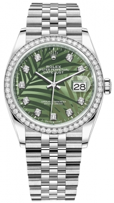 Rolex Datejust 36-126284RBR (Oystersteel Jubilee Bracelet, Gold Diamond-set Olive-green Palm Dial, Diamond Bezel)