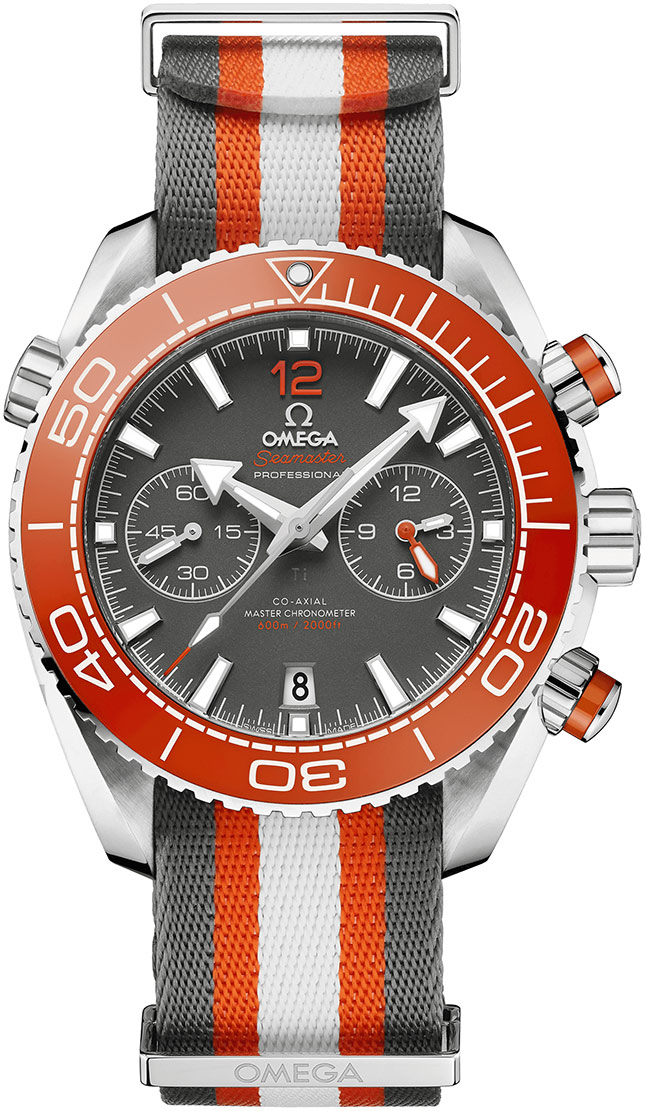 Omega Seamaster Planet Ocean 600M 45.5-215.32.46.51.99.001 (Orange/Grey/White NATO Strap, Grey Ceramic Arabic/Index Dial, Rotating Red Ceramic Bezel)