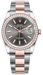 Rolex Datejust 36-126281RBR (Everose Rolesor Oyster Bracelet, Rhodium Index Dial, Diamond Bezel)