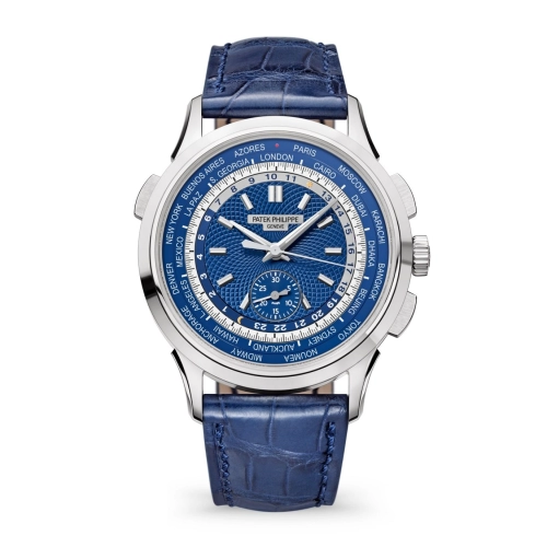 Patek Philippe Complications 39.5-5930G-010 (Shiny-blue Alligator Leather Strap, Beijing Hand-guilloched Blue Index Dial, White Gold Smooth Bezel)