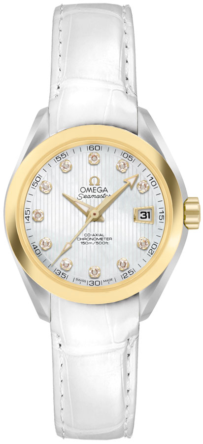 Omega Seamaster Aqua Terra 150M 30-231.23.30.20.55.002 (White Alligator Leather Strap, Vertical-teak White MOP Diamond Index Dial, Yellow Gold Bezel)