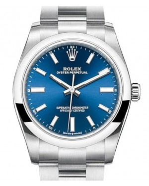 Rolex Oyster Perpetual 34-124200 (Oystersteel Oyster Bracelet, Bright-blue Index Dial, Domed Bezel)