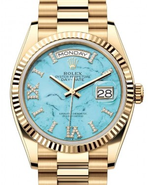 Rolex Day-Date 36-128238 (Yellow Gold President Bracelet, VI IX Gold Diamond-set Turquoise Dial, Fluted Bezel)