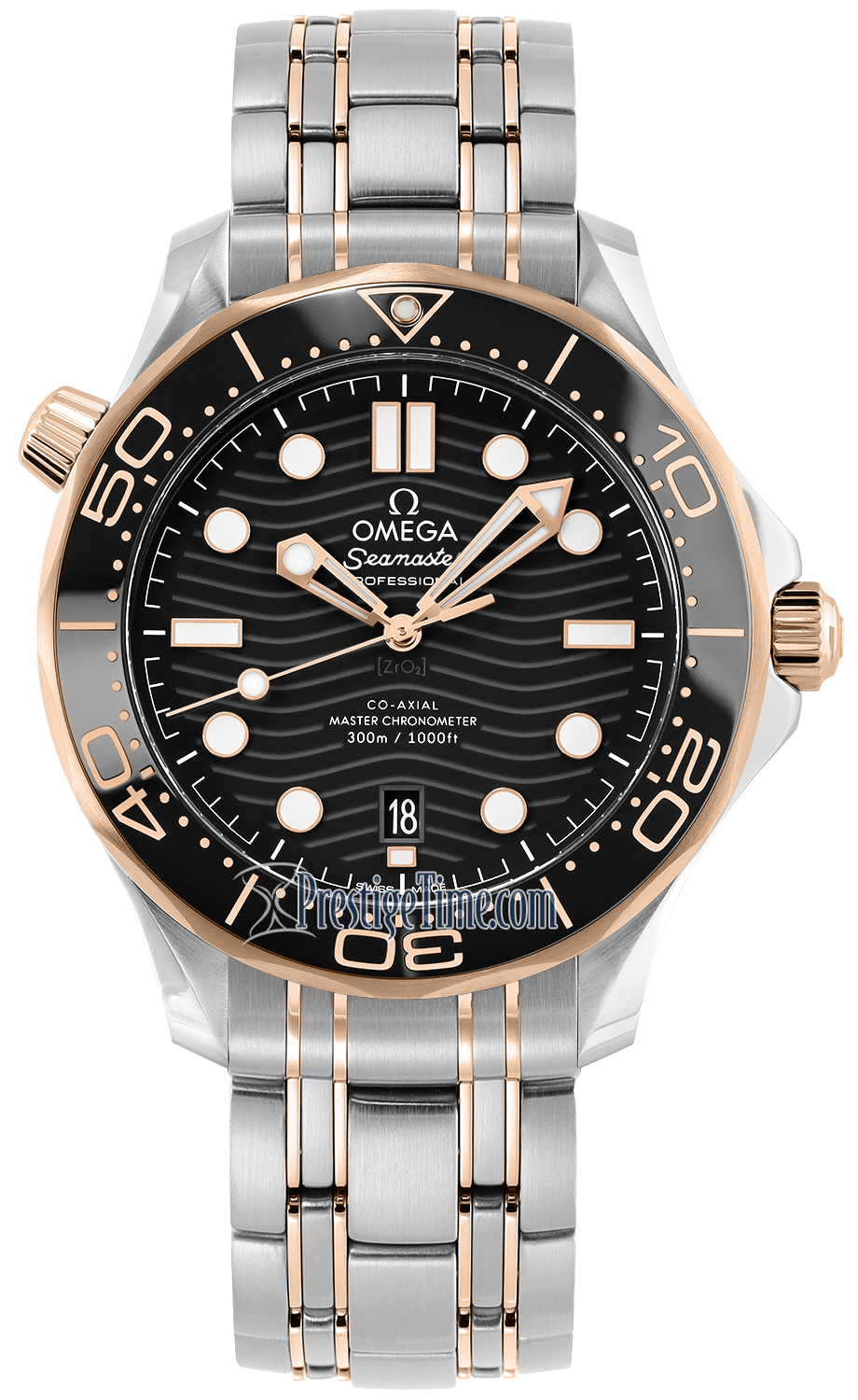 Omega Seamaster Diver 300M 42-210.20.42.20.01.001 (Sedna Gold & Stainless Steel Bracelet, Wave-embossed Black Dot Index Dial, Rotating Black Ceramic Bezel)